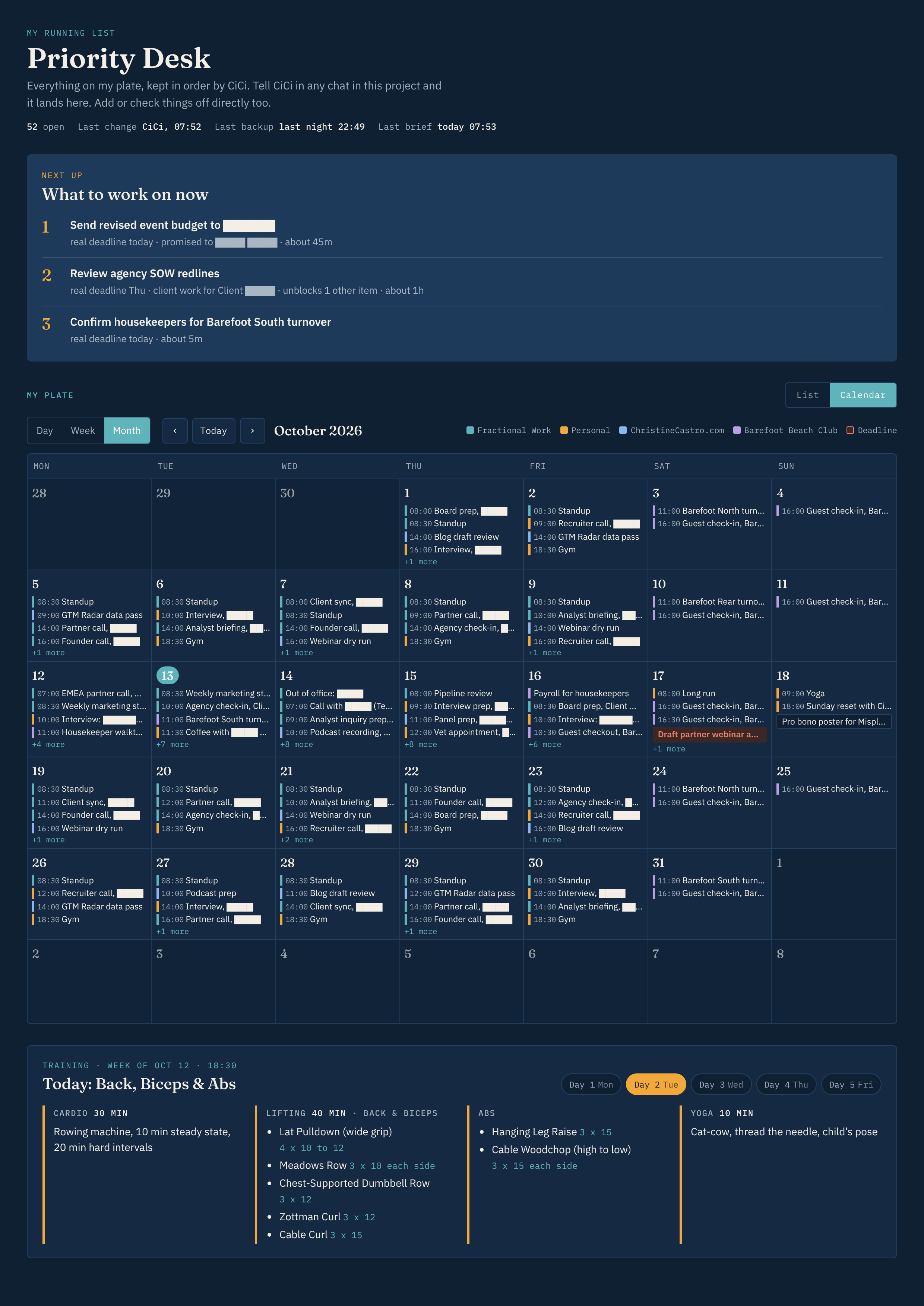 The month view, where the busy weeks are easy to spot. Identifying details redacted.