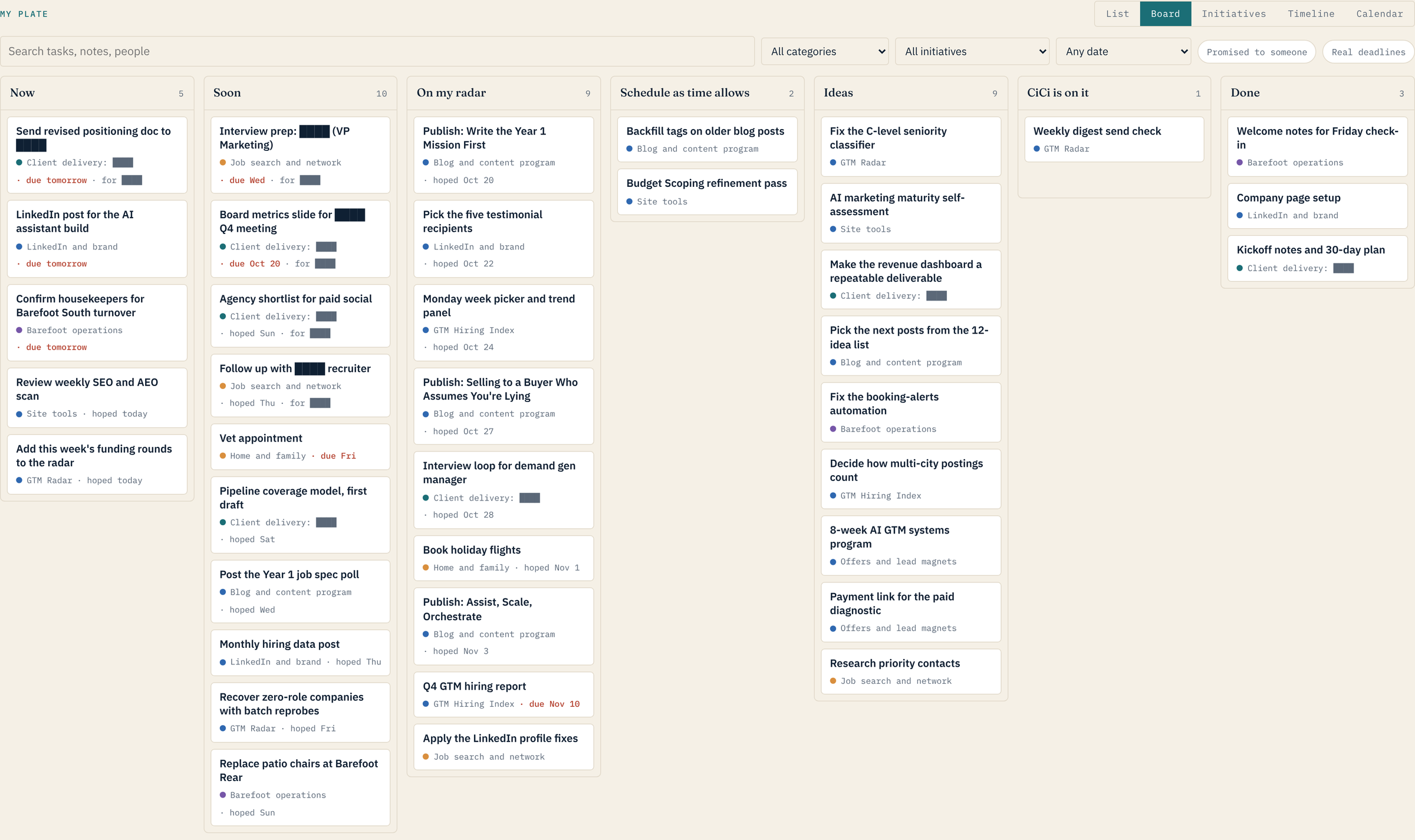 The board view. Dragging a card to another column moves it to that list. Identifying details redacted.