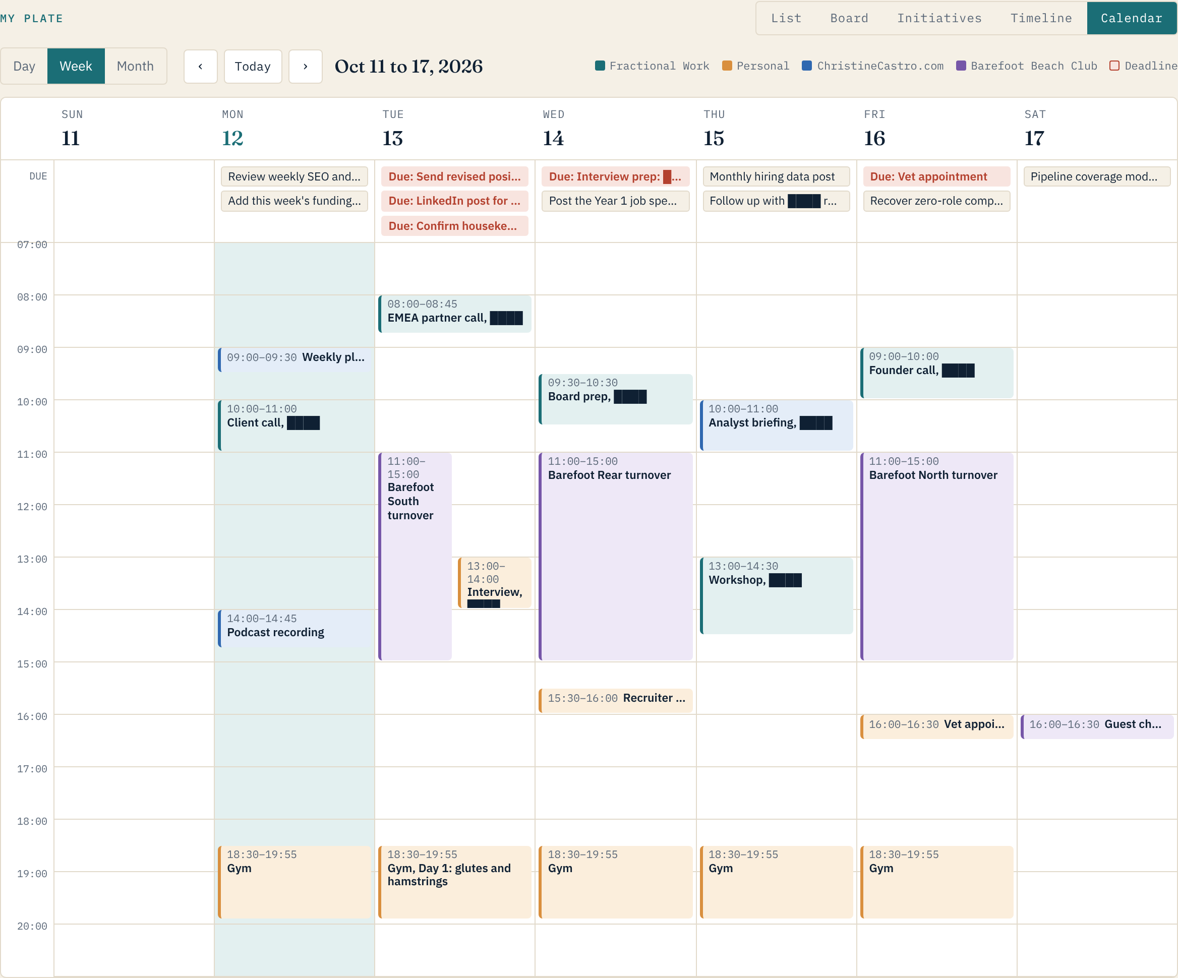 The calendar view by week. Fractional work in teal, my own site and content in blue, personal in amber, the condos in violet, and deadlines across the top. Identifying details redacted.