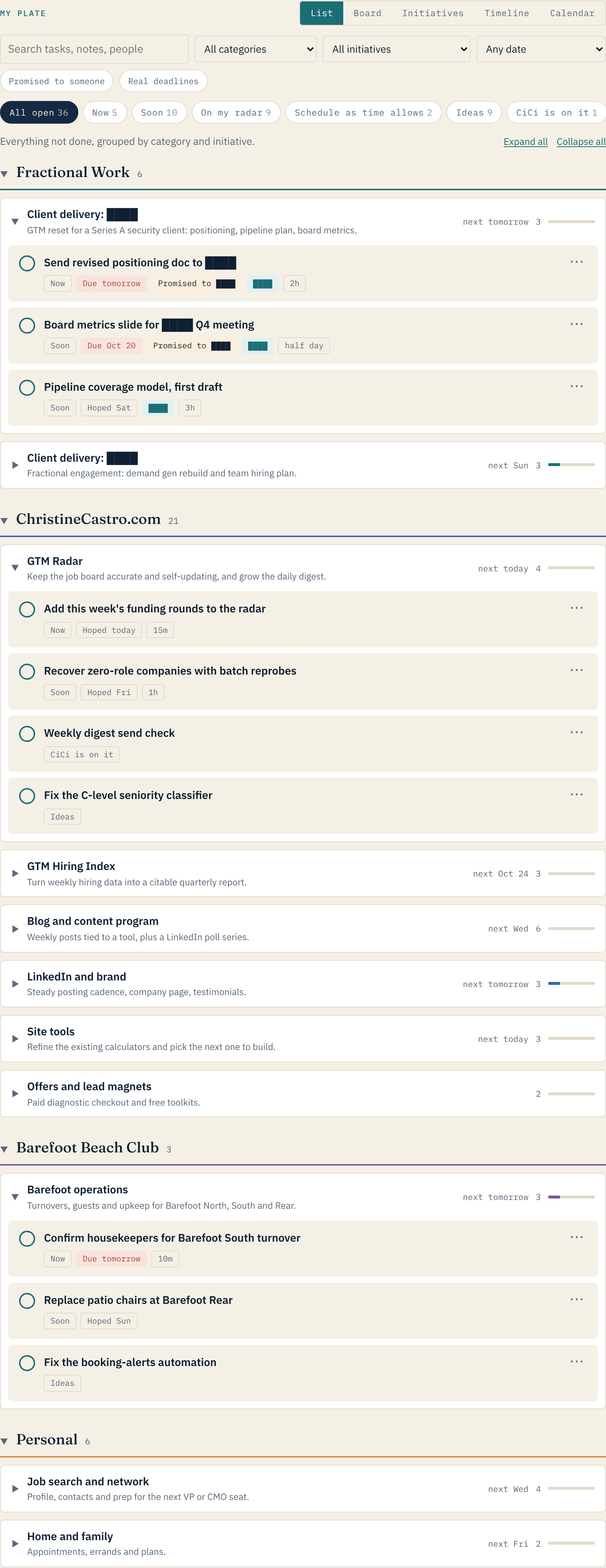 CiCi’s list view. Everything is grouped by category, then by initiative, with what’s due next and progress for each. Identifying details redacted.