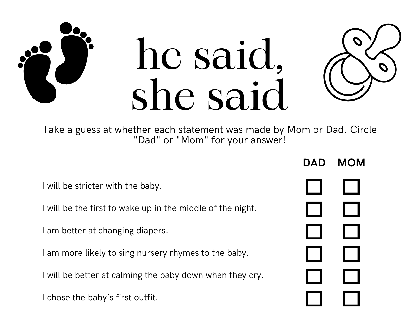 He Said, She Said Baby Shower Game Questions & Free Template